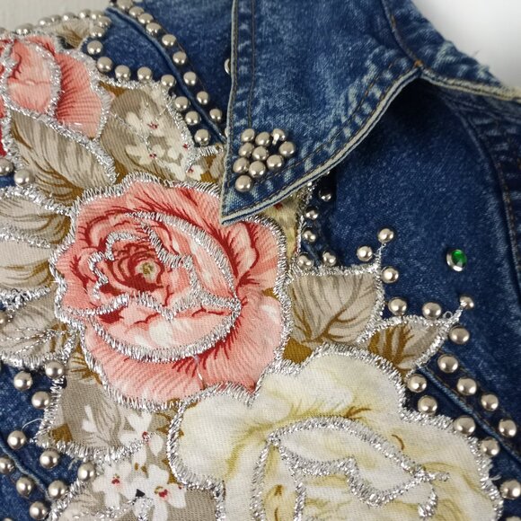 Vintage 80s Pret Embellished Blue Denim Shirt Dress XL Long Sleeve Button Up - Picture 2 of 8